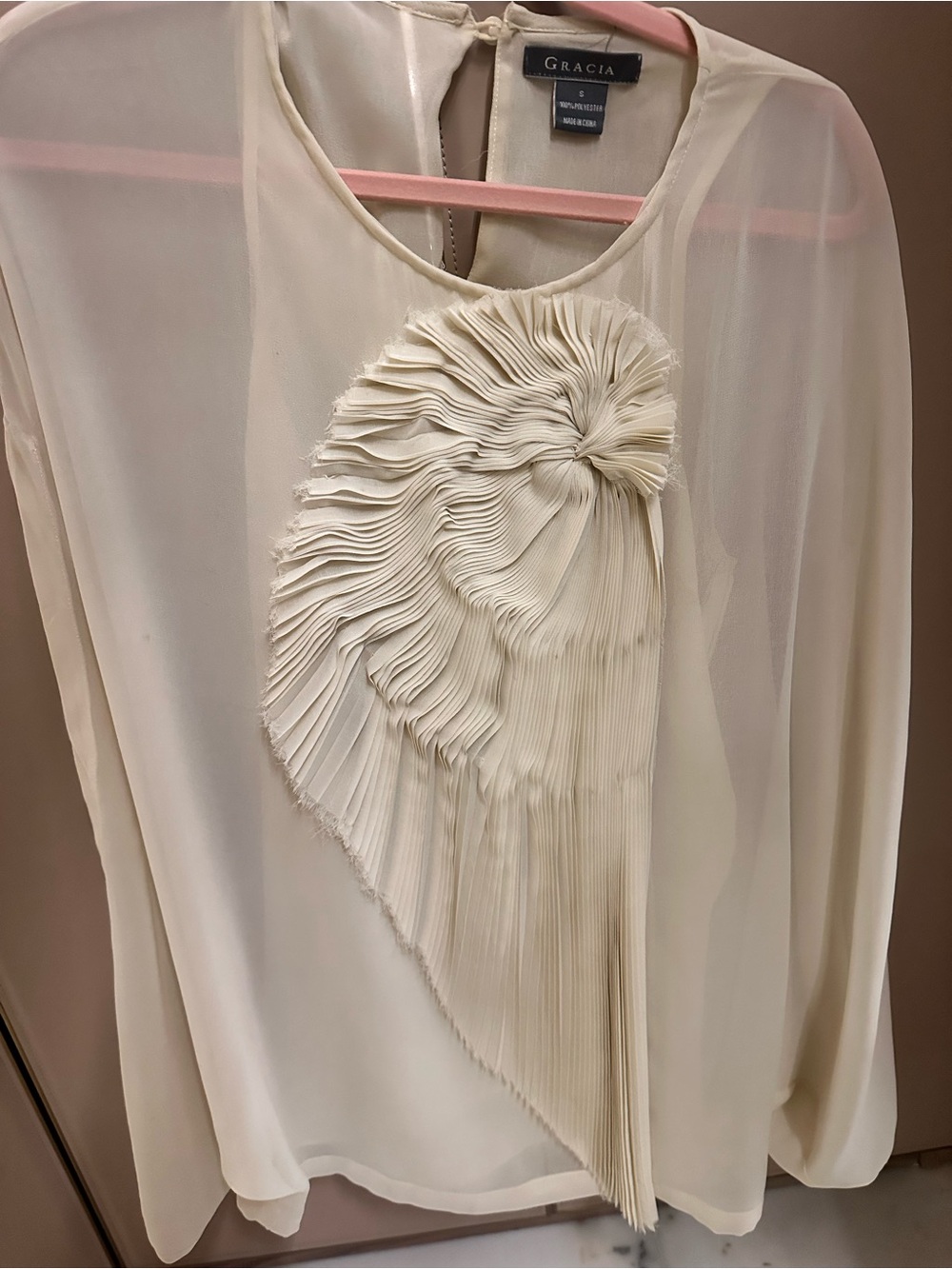 Gracia Cream Sculptural Pleated Long-Sleeve Dress